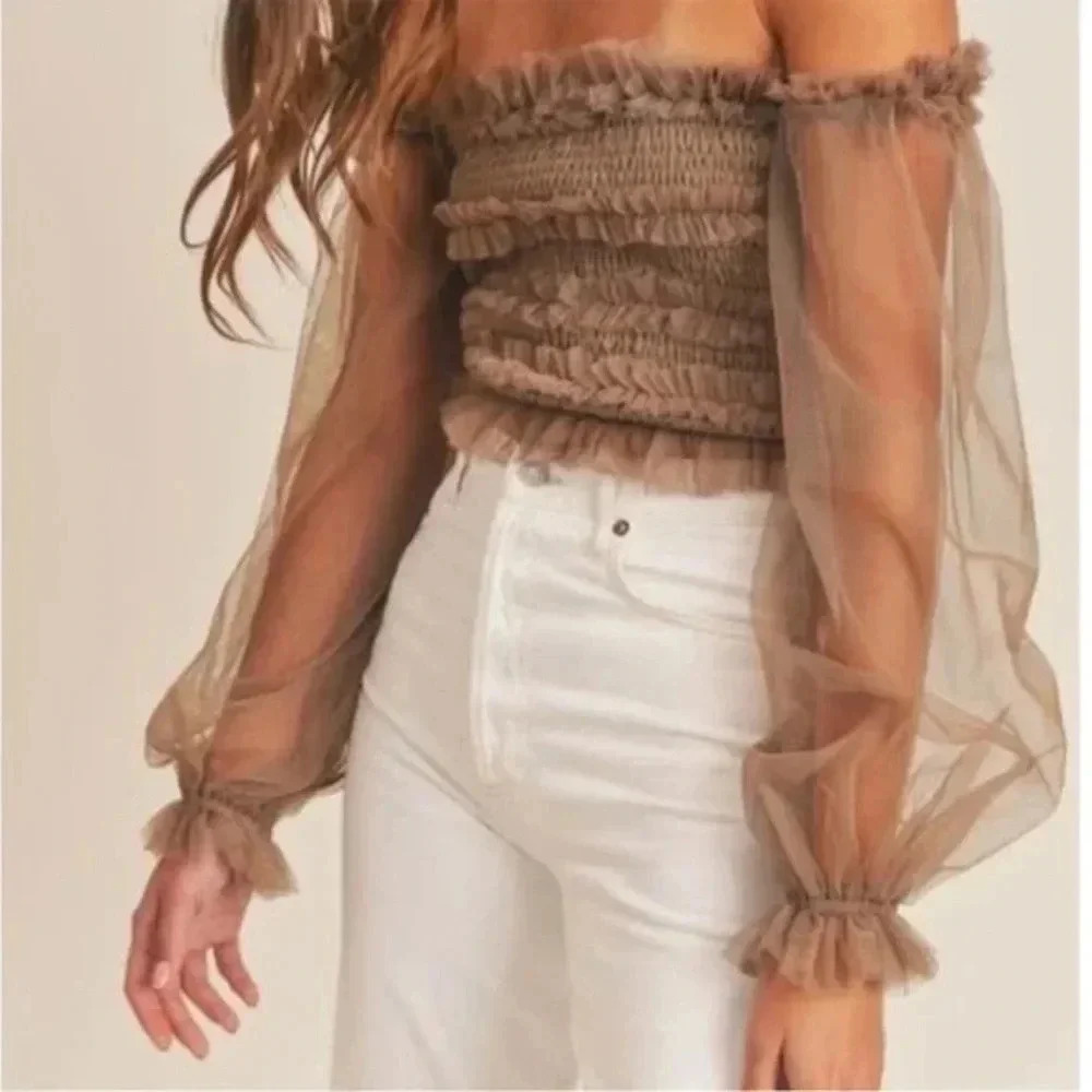 MABLE off shoulder tulle smock crop top.